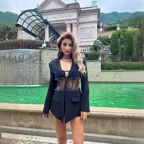 Sexy Zwarte Lange Mouwen Blazer En Jumpsuit Voor Dames Met Strass Mesh Uitgesneden Taille Slim Fit Elegante Clubwear Avond