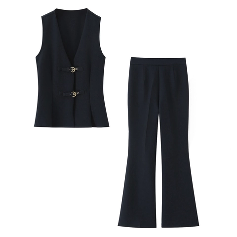 Ensemble Gilet Et Pantalon Évasé Femme Polyester Col En V Gilet Sans Manches Taille Haute Style Décontracté