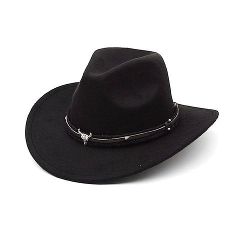 Cappello Da Cowboy Western Feltro Tesa Larga Decorazione Metallo Testa Di Toro Retro Esterno Stile Etnico