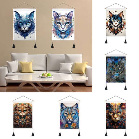 Cat Pattern Wall Tapestry Artistic Bohemian Home Decor Hanging Painting With Wood Pole And Tassel Polyester Cotton