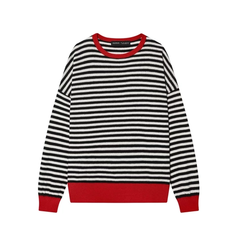 Pull Rayé En Tricot Femmes Col Rond Manches Longues Chandail Finitions Côtelées Contrastées Décontracté Ample