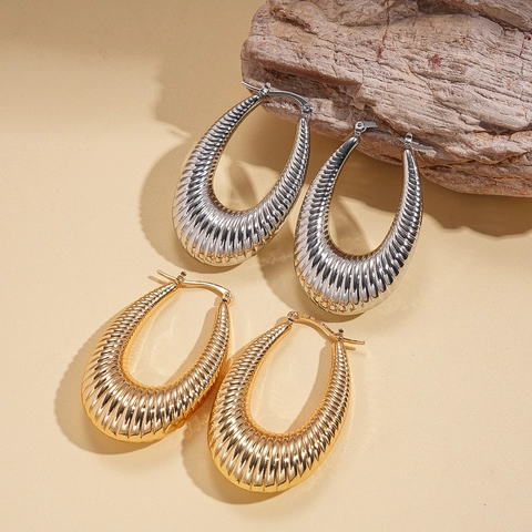 Pendientes De Aro Ovalados Metal Acanalado Plisado Geométrico Estilo Vintage Joyería Minimalista Para Mujeres
