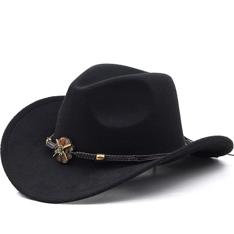 Western Cowboy Hat Wide Brim Polyester Felt Ethnic Braided Band Metal Decor Retro Jazz Fedora For Men Women