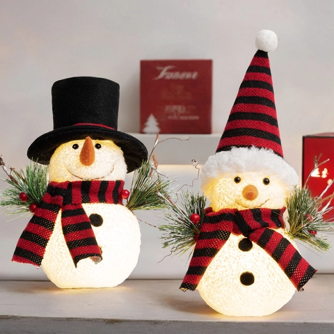 Glühende Weihnachts Schneemann Ornamente LED Licht Dekorative Winter Haus Tischdeko Rot Schwarz Gestreifter Schal Hut