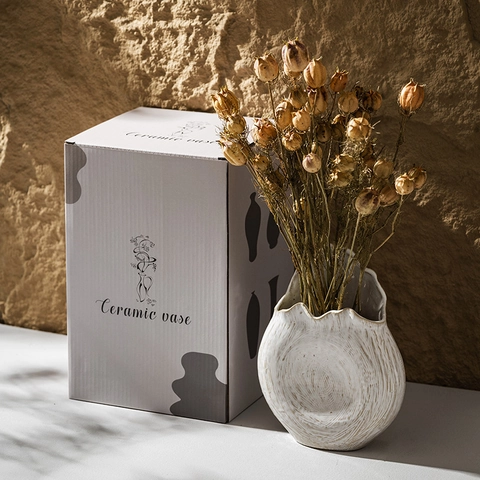 Nordic Minimalist White Ceramic Vase Irregular Wavy Rim Textured Handcrafted Wabi Sabi Style Home Decor Ornament