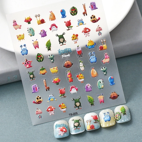 Cartoon Monster 5D Embossed Nail Art Stickers Relief Self Adhesive Waterproof Plastic Marine Life Flower Manicure Decoration