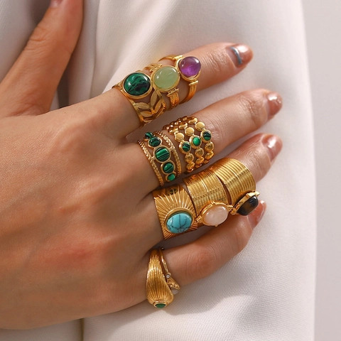 Vintage Stainless Steel Gemstone Inlaid Open Ring For Women 18K Gold Plated Bohemian Geometric Finger Ring Jewelry Accessory