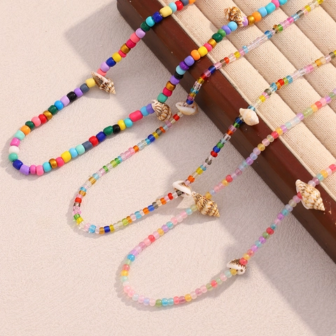 Collar De Cuentas Coloridas Con Dijes De Concha Acero Inoxidable Chapado En Oro 18K Joyas De Playa Bohemias Para Mujeres