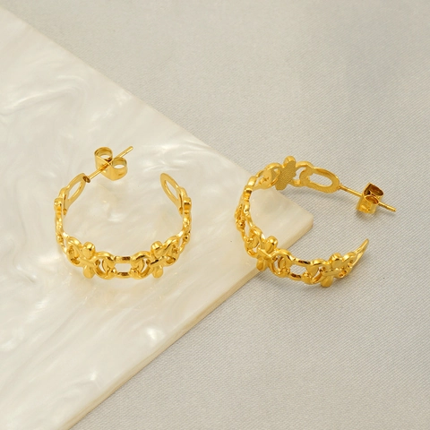 Pendientes De Aro Acero Inoxidable Cadena Entrelazada Calada Baño Oro 18K Forma C Joyería Retro Mujeres