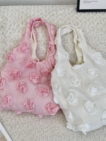 Women 3D Flower Tote Bag Fabric Rose Elegant Romantic Shoulder Bag Large Capacity Solid Color Korean Style