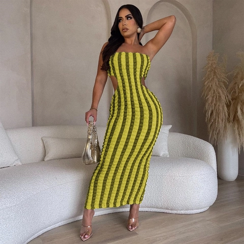 Strapless Midi Dress Popcorn Textured Contrast Striped Side Cutout Backless Slim Fit Bodycon Sexy Clubwear Summer For Women
