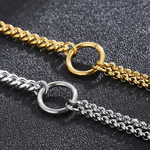 Spliced Chain Bracelet Stainless Steel Curb And Double Layer Link With Central Ring Unisex Industrial Style Jewelry