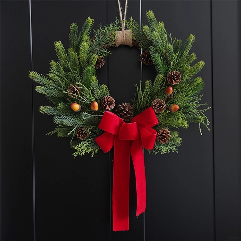 Artificial Christmas Wreath Garland With Pine Cones Red Velvet Bow Green Berries Front Door Wall Hanging Winter Holiday Decor