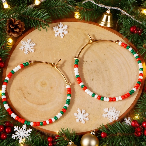 Bohemian Multicolor Seed Bead Hoop Earrings Handmade Titanium Earring Post Christmas Jewelry For Women