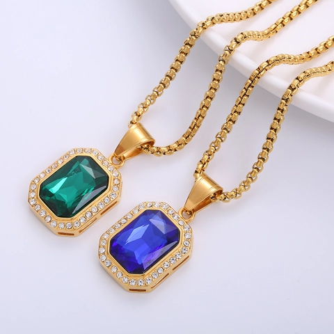 Collana Con Pendente Gemma Rettangolare Hip Hop Acciaio Inossidabile Placcato Oro Con Strass