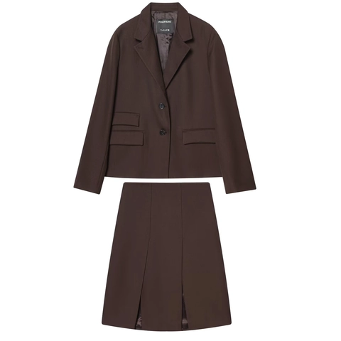 Completo Gonna Da Donna Marrone Caffè Blazer Monopetto E Gonna A Pieghe A Vita Alta In Poliestere Business Casual