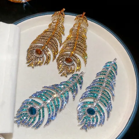 Pendientes De Pluma De Lujo Aleación Strass Joyería Bohemia Vintage Para Mujer Con Poste De Pendiente De Plata