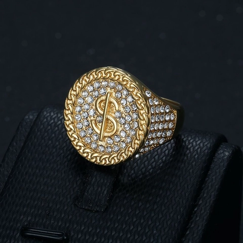 Herren Hip Hop Ring Dollarzeichen Titanstahl Vergoldet Iced Out Strass Punk Party Club Schmuck