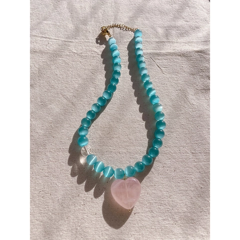 Beaded Necklace And Bracelet Heart Pendant Cat Eye Stone Artificial Pearl Titanium Steel Gold Plated Summer Jewelry For Women
