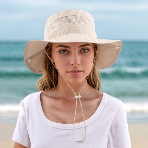 Outdoor Sun Bucket Hat Polyester Breathable Mesh UV Protection Wide Brim Adjustable Windproof Cord Hiking Fishing Beach