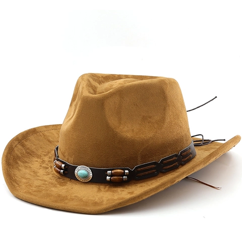 Cappello Da Cowboy Western Scamosciato Tesa Larga Stile Etnico Retro Con Fascia In Pelle Turchese Perline Legno Uomo Donna