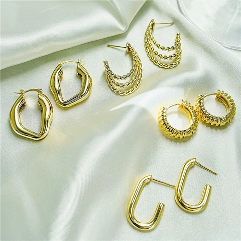 Orecchini A Cerchio In Ottone Placcato Oro 18K Corda Intrecciata Forma C Geo U A Costine Minimalista Vintage Per Donne
