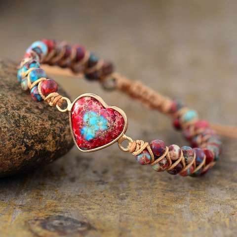 Bohemian Handmade Woven Natural Stone Beaded Bracelet With Heart Shaped Emperor Stone Pendant Vintage Ethnic Jewelry For Women Men