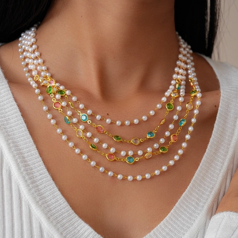 Collana Multistrato Perla Artificial Imitazione Gemma Di Vetro Colorata Stile Corte Retrò Catena Lunga Per Maglione Donne Lega Di Rame