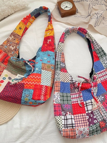 Patchwork Canvas Tragetasche Bohemian Ethnic Floral Wendbar Große Kapazität Umhängetasche Damen Täglich Pendeln