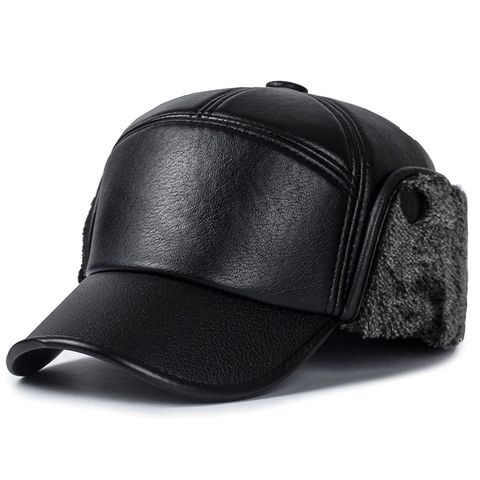 Men Winter PU Leather Baseball Cap With Ear Flaps Faux Fur Lining Warm Windproof Outdoor Peaked Hat For Elderly