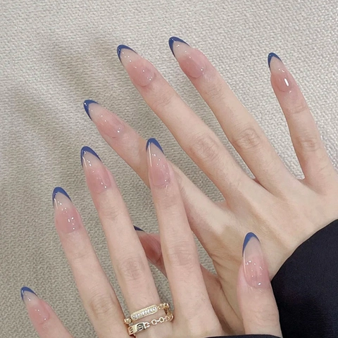 Unghie Finte French Tip Blu Notte Forma Mandorla Unghie Lunghe Manicure Elegante Lucida Per Donna