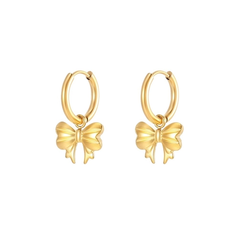 French Retro Bowknot Dangle Hoop Earrings Titanium Steel Gold Plated Delicate Vintage Jewelry For Women