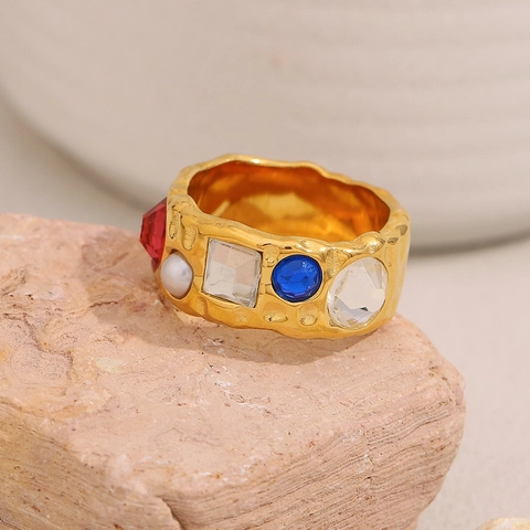 Vintage Hammered Stainless Steel Open Ring 18K Gold Plated With Colorful Cubic Zirconia And Imitation Artificial Pearl For Women