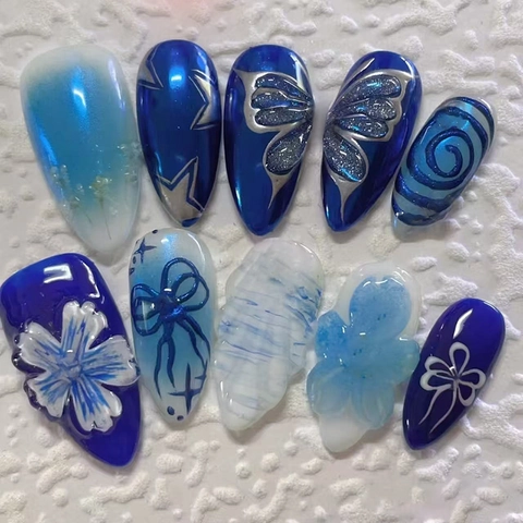 Blue White Butterfly Press On Nails Sternenhimmel Gradient 3D Blumen Design Künstliche Falsche Fingernägel Salon Art Damen