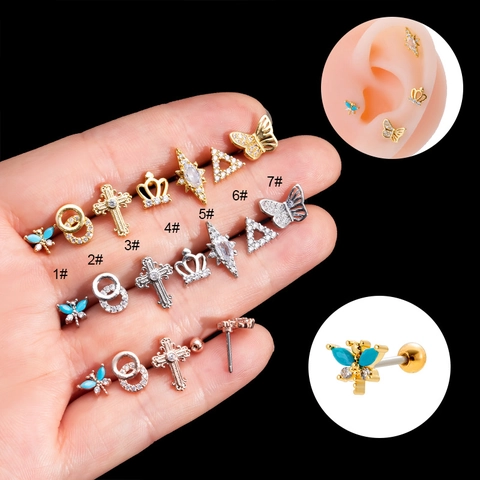 Orecchini Cartilagine Acciaio Inossidabile Zircone Farfalla Cuore Occhio Forme Chiusura A Vite Gioielli Piercing Tendenza