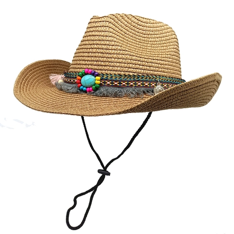 Cappello Di Paglia Da Cowboy Western Stile Boho Etnico Perline Turchesi Nappa Tesa Larga Estate Spiaggia Protezione Solare