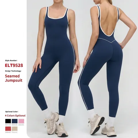 Women Yoga Jumpsuit Polyamide Spandex Backless Contrast Piping Square Neck High Elastic Sportswear Jumpsuit