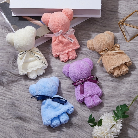 Serviette En Forme D'ours Polaire Corail Microfibre Douce Absorbante Pour Mariage Fête Prénatale Remise Diplôme Souvenirs Ruban