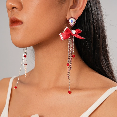 Pendientes De Borla Larga Con Lazo De Cinta Roja Joyas De Moda De Lujo Con Cristal De Vidrio Y Poste De Plata Para Mujeres
