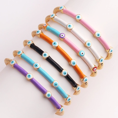 Evil Eye Bracelet Colorful Enamel 18K Gold Plated Copper Open Bangle Cuff Bohemian Bamboo Joint Style Jewelry For Women