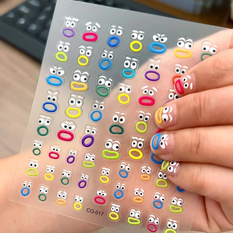 Pegatinas De Uñas 5D Relieve Cara Graciosa Dopamina Coloridas 3D Dibujos Animados Ojo Boca Impermeable Decoración Mujeres