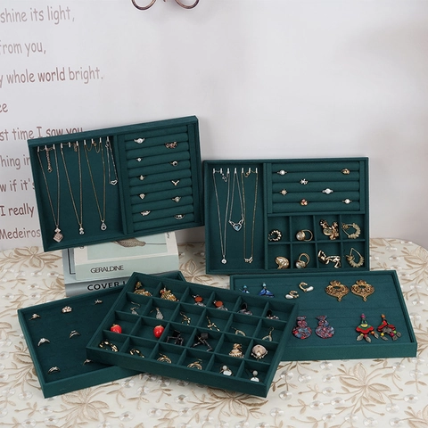 Vassoio Per Esposizione Gioielli In Velluto Verde Scuro Cornice In Legno Organizzatore Per Collana Anello Orecchino Bracciale Vetrina