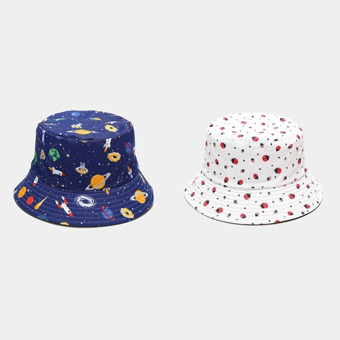 Cappello Alla Pescatora Reversibile Cotone Tela Protezione Solare Stampa Cartone Animato
