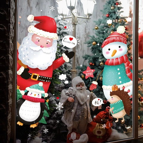Christmas Window Stickers Santa Claus Snowman Snowflake Static Cling PVC Decals For Glass Door Home Holiday Decor