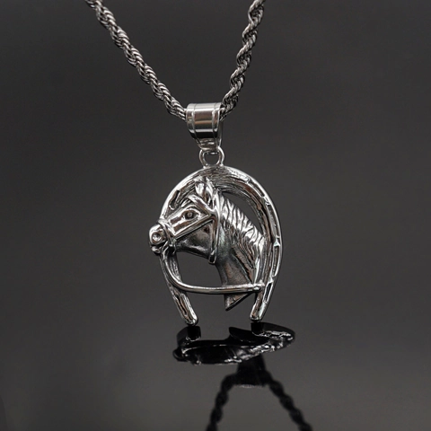 Collar Con Colgante De Cabeza De Caballo Herradura Acero Inoxidable Hip Hop Joyería Animal Con Cadena De Cuerda