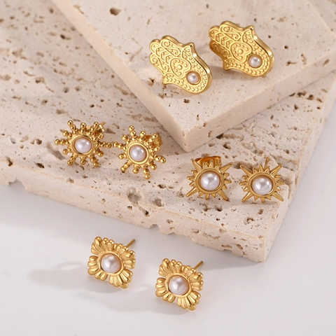 Vintage Hamsa Hand Sonne Ohrringe Edelstahl Künstliche Perle Vergoldeter Retro Schmuck Für Frauen