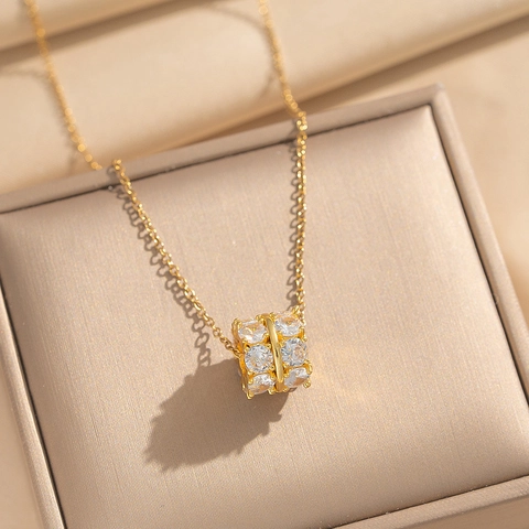 Stainless Steel Cylindrical Pendant Necklace With Zircon 18K Gold Plated Luxury Fashion Jewelry For Women