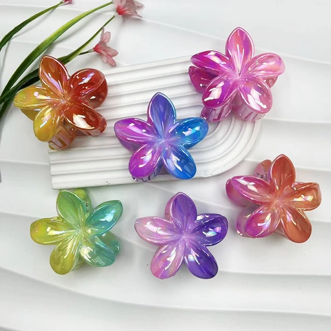 Flower Hair Claw Clips Iridescent Plastic Resin Gradient Frangipani Shark Clip Sweet Elegant Accessories For Women