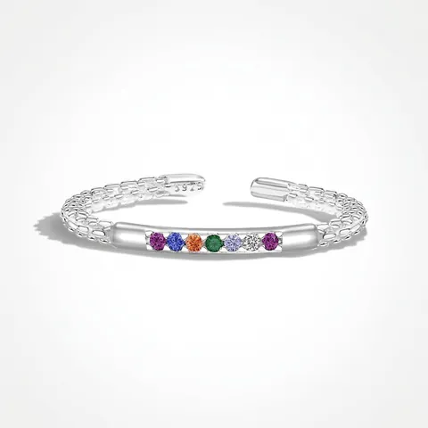 925 Sterling Silver Rainbow Zirconia Open Ring For Women Minimalist Adjustable Geometric Colorful Stone Inlaid Finger Ring Jewelry Gift