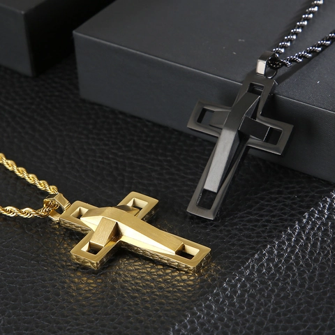 Cross Pendant Necklace Stainless Steel Hollow Out Double Layer Hip Hop Style For Men With Twist Rope Chain